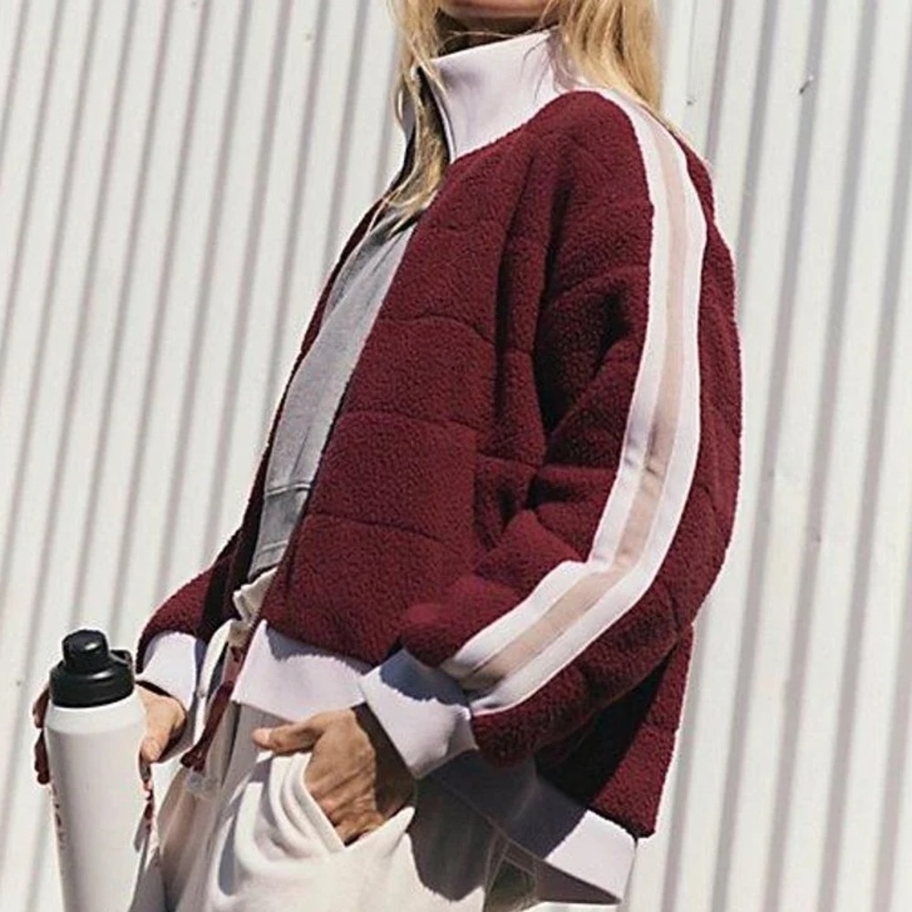 Free People Burgundy Sherpa Jacket with Cream & Pink Stripes